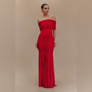 Meshki Mesh Off Shoulder Maxi Dress - Ruby